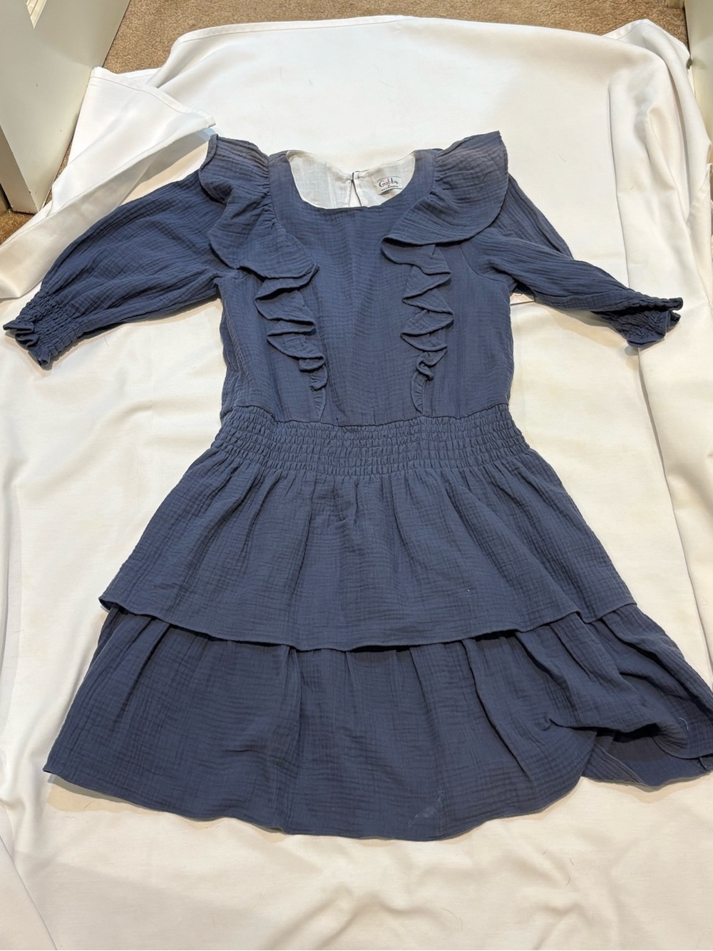 Girls' Ruffle-Front Dusty Blue GreyTiered Dress